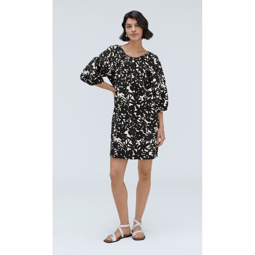 EVERLANE Seersucker Puff Sleeve Dress XS Black Canvas Floral Mini 3/4 Sleeve